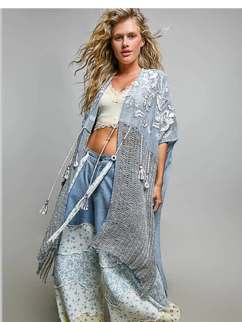POL Bohemian Grace Kimono -Blue Light Blue Floral Embroidered Crochet Duster S/M